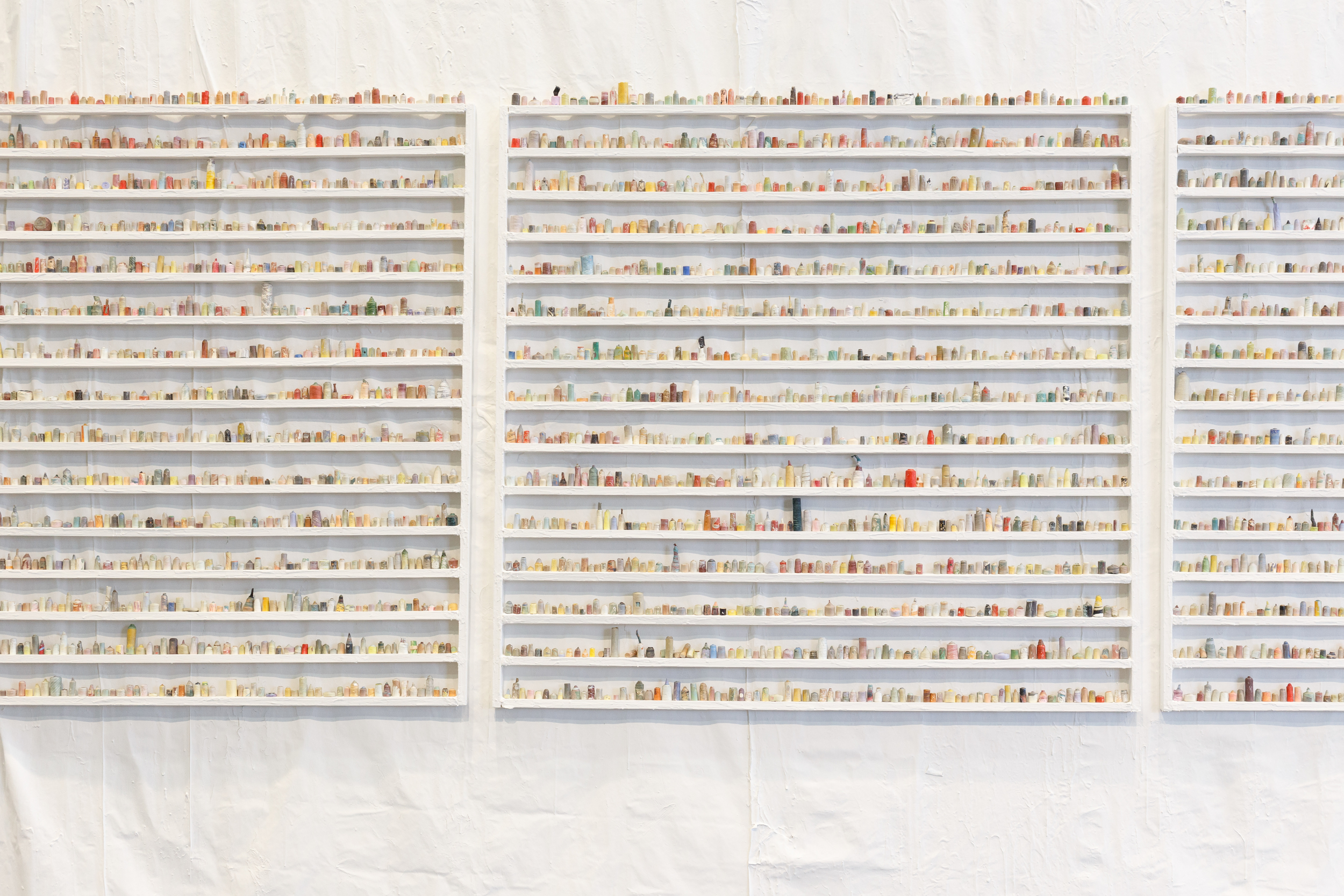  paintskins on wooden shelves, paintskin on wall   photo credit: tamrin ingram  