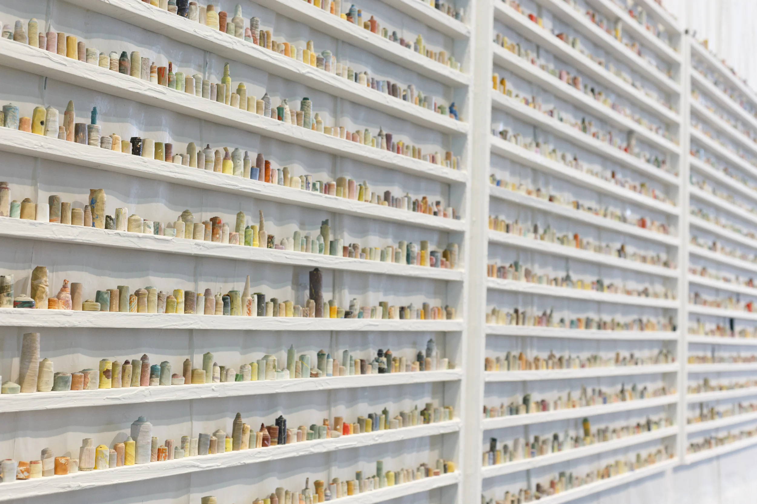  paintskins on wooden shelves, paintskin on wall   photo credit: tamrin ingram  