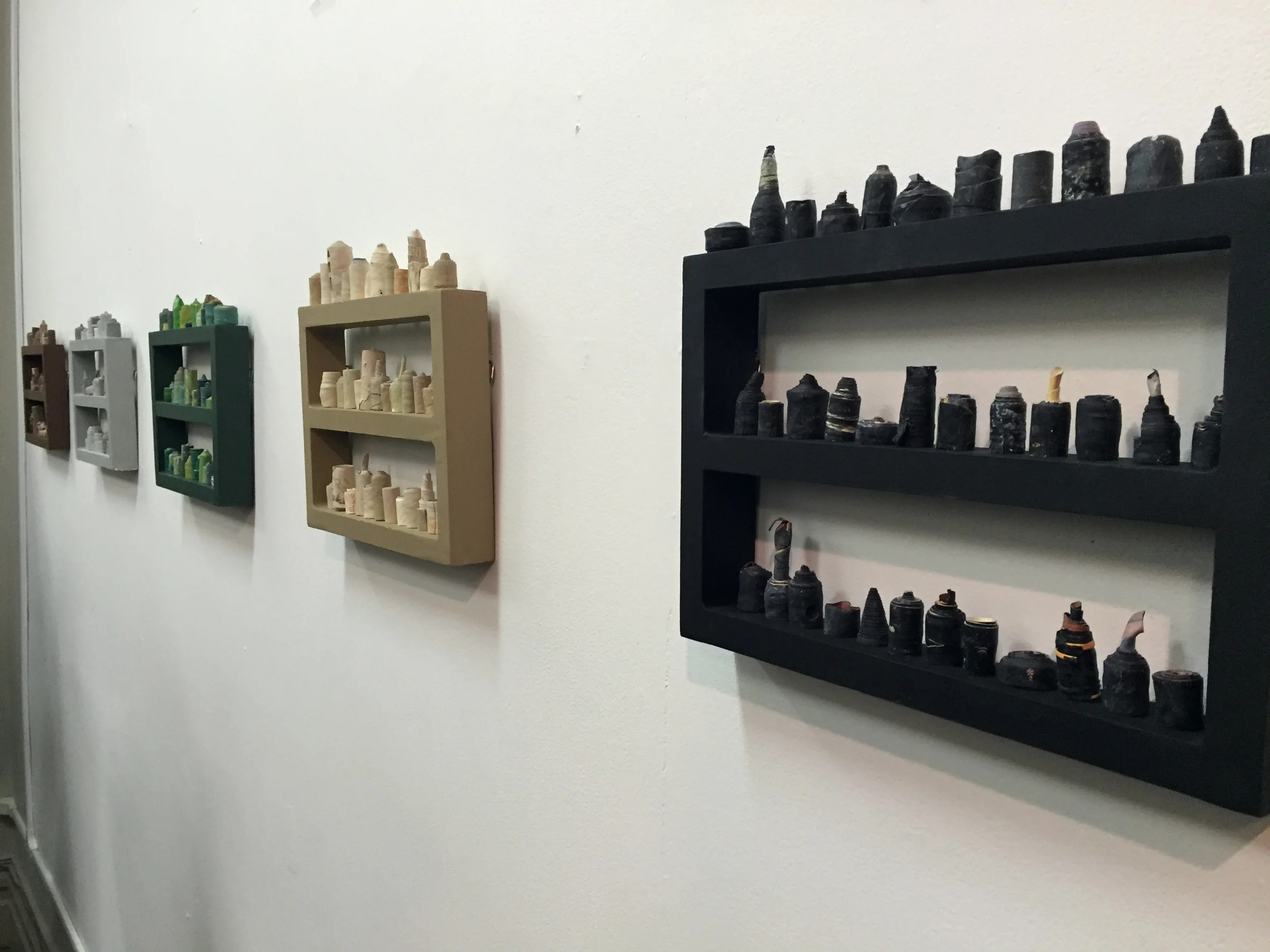  installation view at 337 project space, grand rapids, mi  paintskins on wooden shelves  2016 