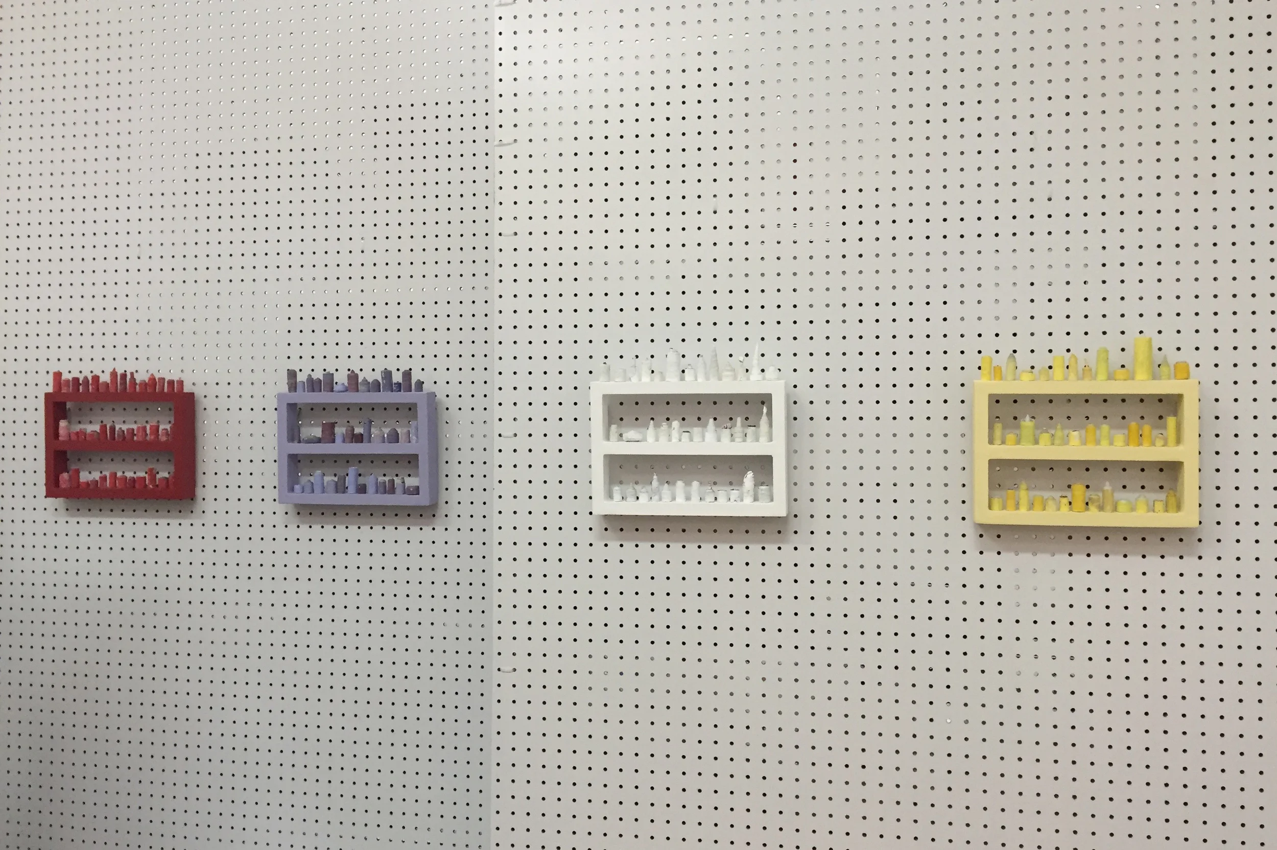  installation view at 337 project space, grand rapids, mi  paintskins on wooden shelves  2016 
