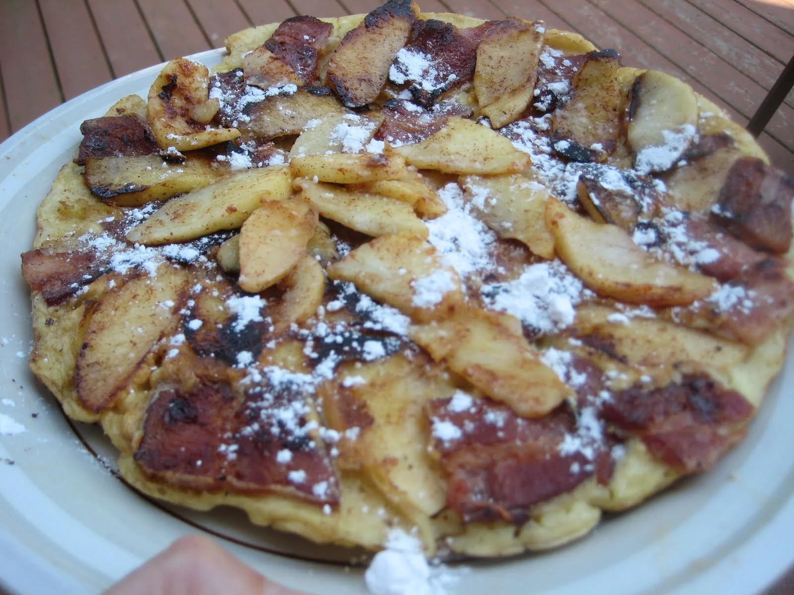 Delicious warm apple bacon pancake for dinner in chilly rainy Harlem