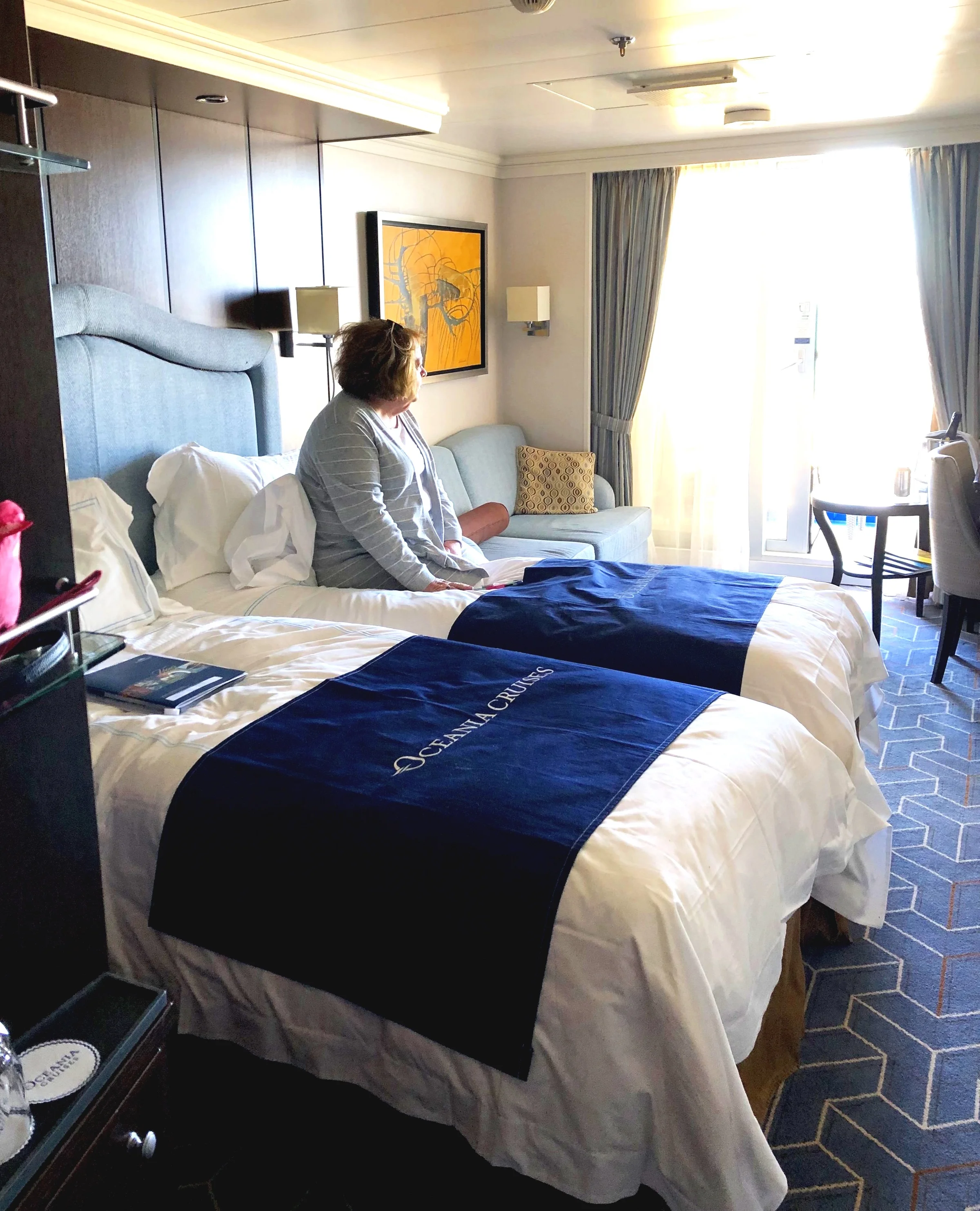 Our cabin was very spacious, located in the center of the ship (smoother than either end), had a lovely veranda and an amazing bathroom. It even had a bathtub that came with Himalayan sea salts!