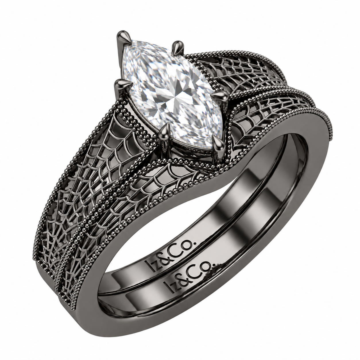 Gunmetal Gothic Marquise Filigree Ring Set.png