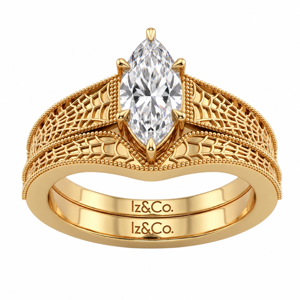Ornate Gold Marquise Diamond Ring Set.png