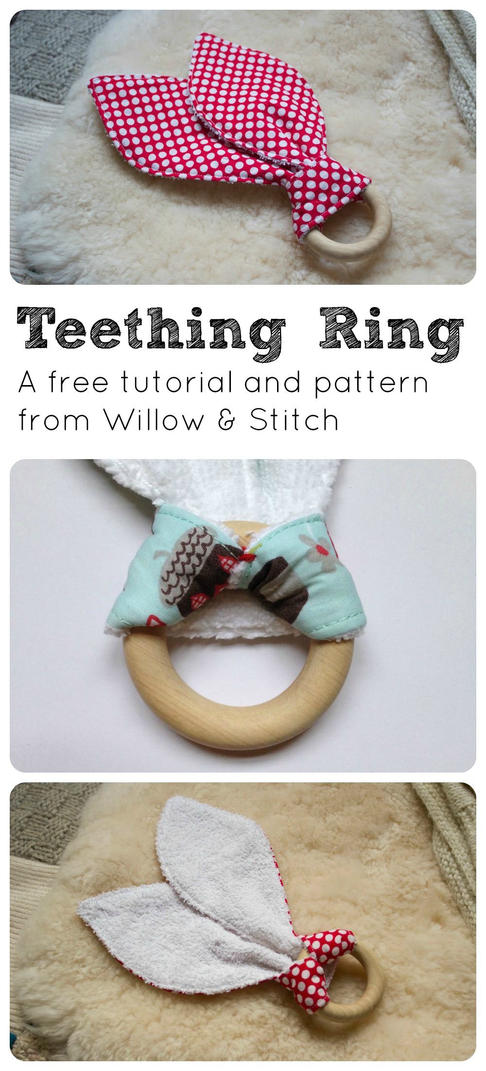 Bunny Ear Teething Ring Wooden Teething Ring Medallion Print Purple & Teal