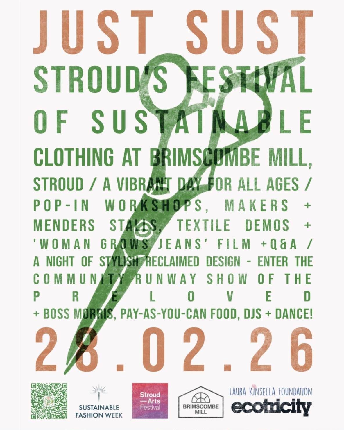 ✂ JUST SUST FESTIVAL

On 28 February '26, the @justsustfest will transform @brimscombemill in Stroud into a hub of creative, textile-focused activity for all ages. 

Enjoy free daytime textile demos + repair sessions, drop-by hands-on workshops, a ma