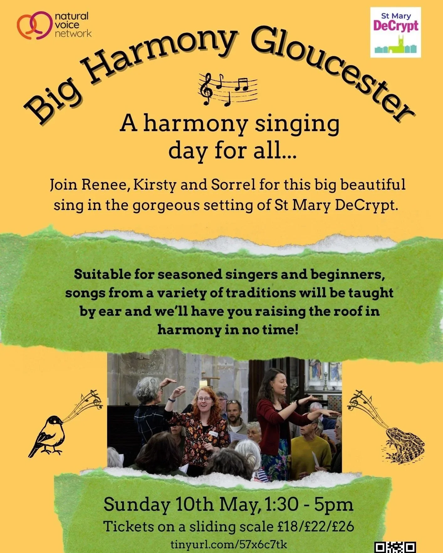🎵 Sing in the beautiful surroundings of St Mary de Crypt in central Gloucester on Sunday 10th May 2026 from 2pm - 5:30pm. You'll be led by 3 welcoming and experienced song leaders Sorrel Wilde, Kirsty Abraham and Renee Berkhout.

Join in for an upli