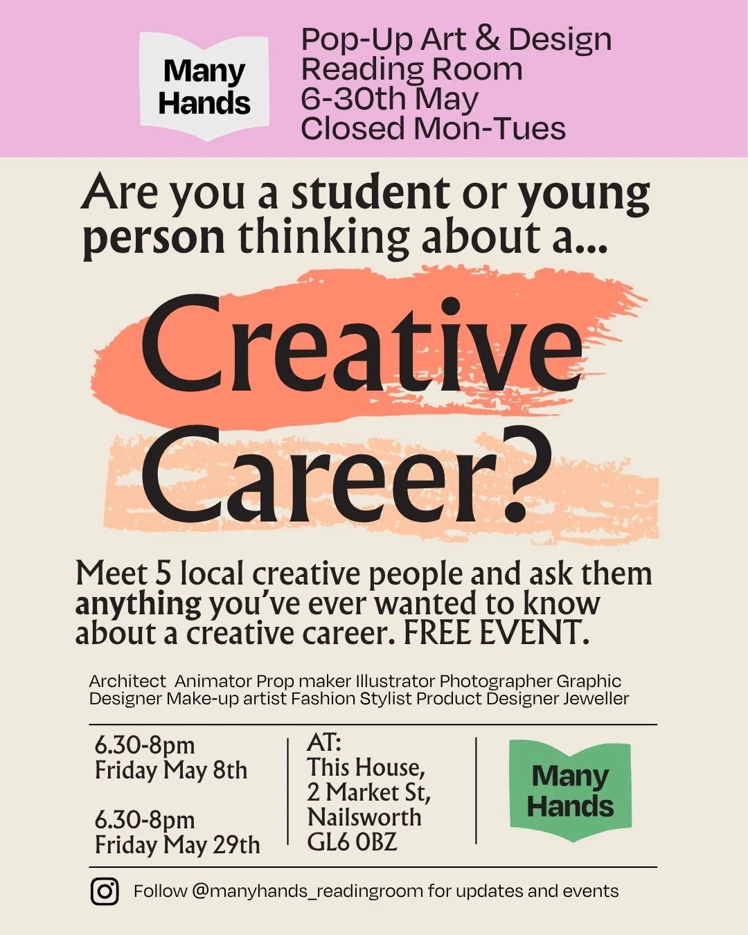 Creative Career evenings at Many Hands Reading Room in Nailsworth.