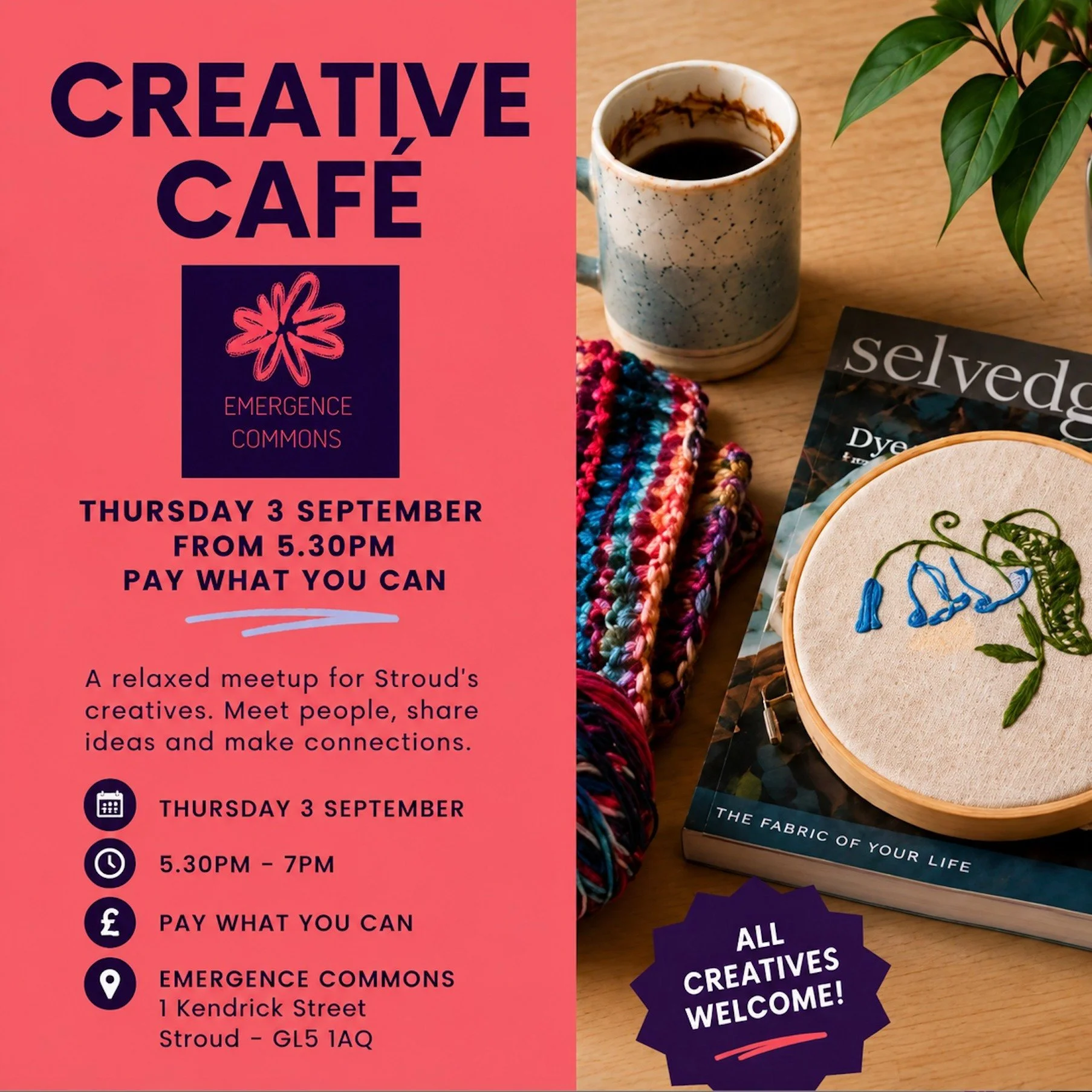 Want to meet creative people, share ideas and make connections in Stroud?

Head to the Creative Caf&eacute; @emergence.restock  a relaxed, welcoming meet-up for Stroud&rsquo;s creative community. Come along to meet other local makers, artists, design