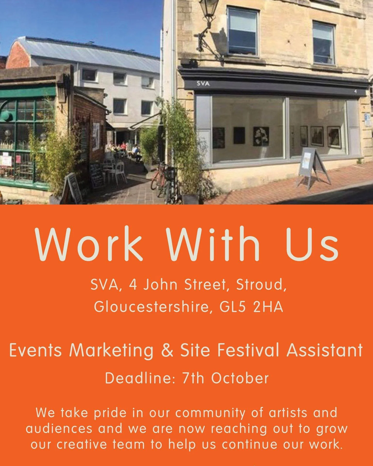 📣 Job Opportunity!

Stroud Valley Artspace @SVA  is a cultural hub created by and for artists in the heart of Stroud. They're looking for an Events Marketing and Site Festival Assistant (15 hours per week).

Are you a bright, enthusiastic and articu
