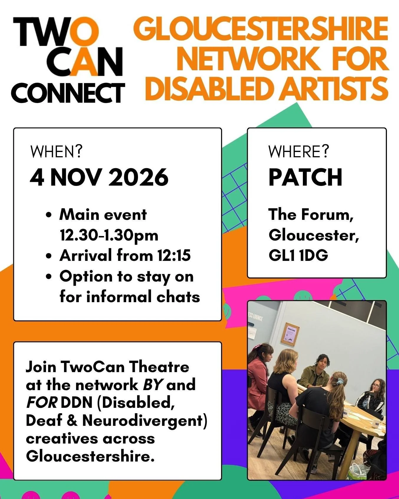 📣 FREE Networking Event and Paid Presentation Opportunities for disabled creatives

The Two Can Theatre Connect event on 28th July was a huge success - with over 20 creatives from across the county gathering to connect, be heard and dream of a more 