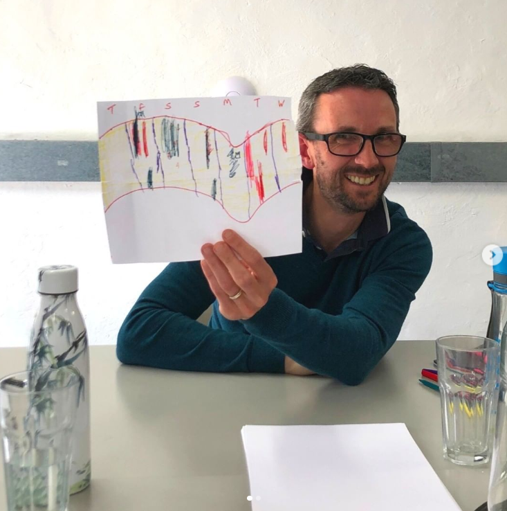 A man with black glasses sitting at a desk holding up a drawing of a data scarf.