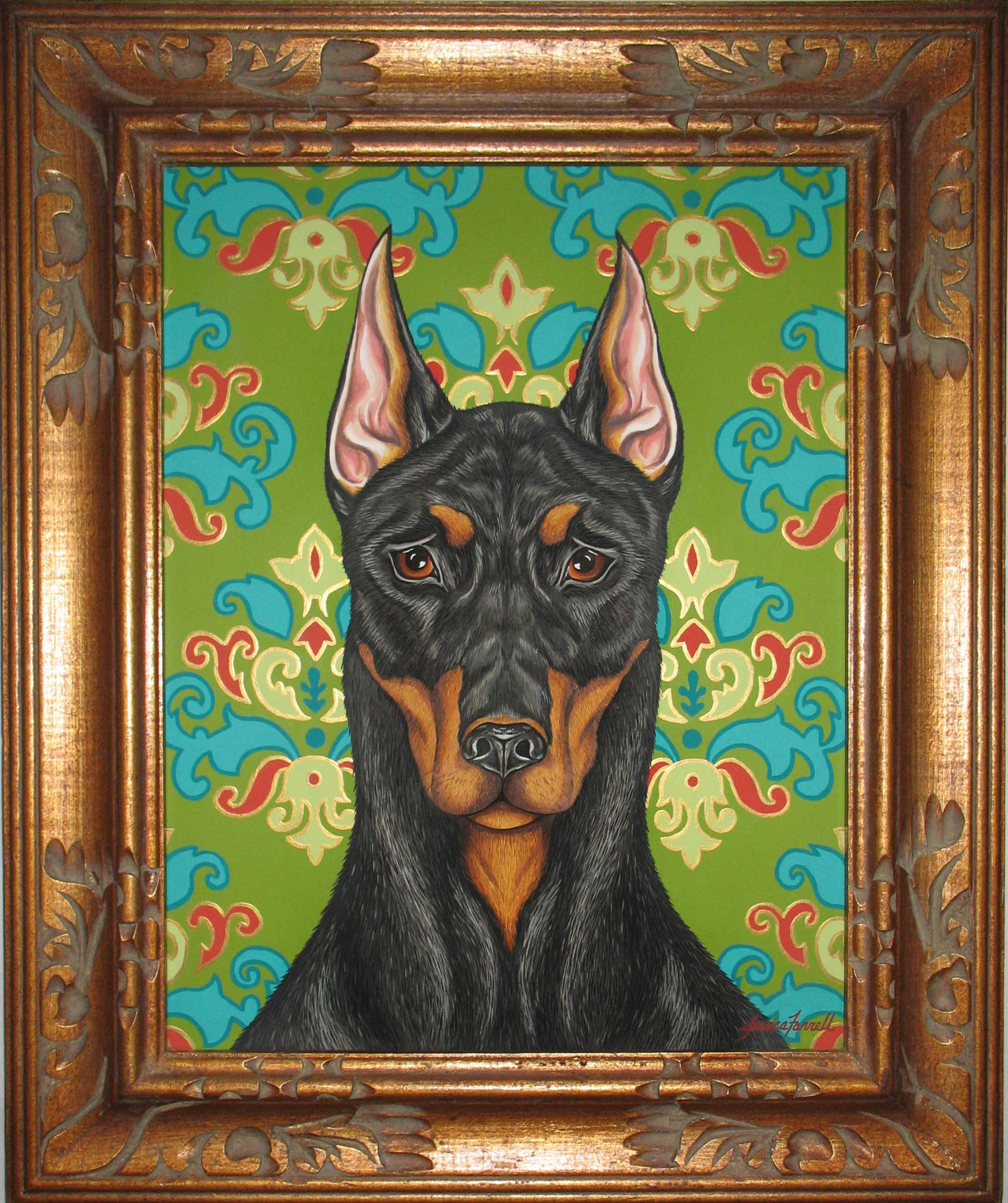   Doberman Pinscher,  Acrylic on wood with vintage frame, 25 x 21 inches (framed)  (private collection) 