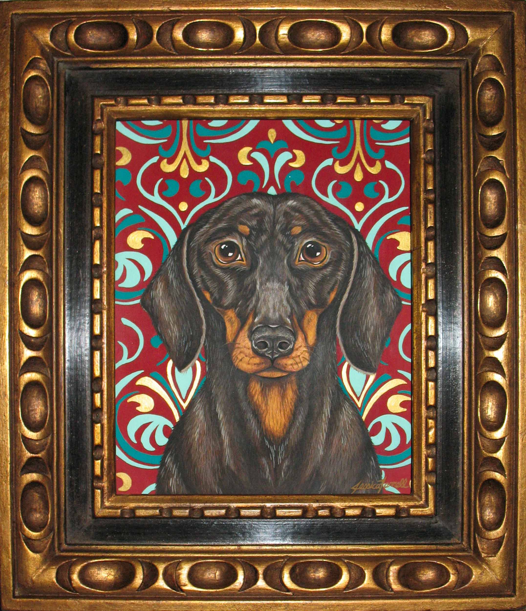   Dachshund,  Acrylic on wood  with vintage frame, 17   x 15 inches (framed)  (private collection) 