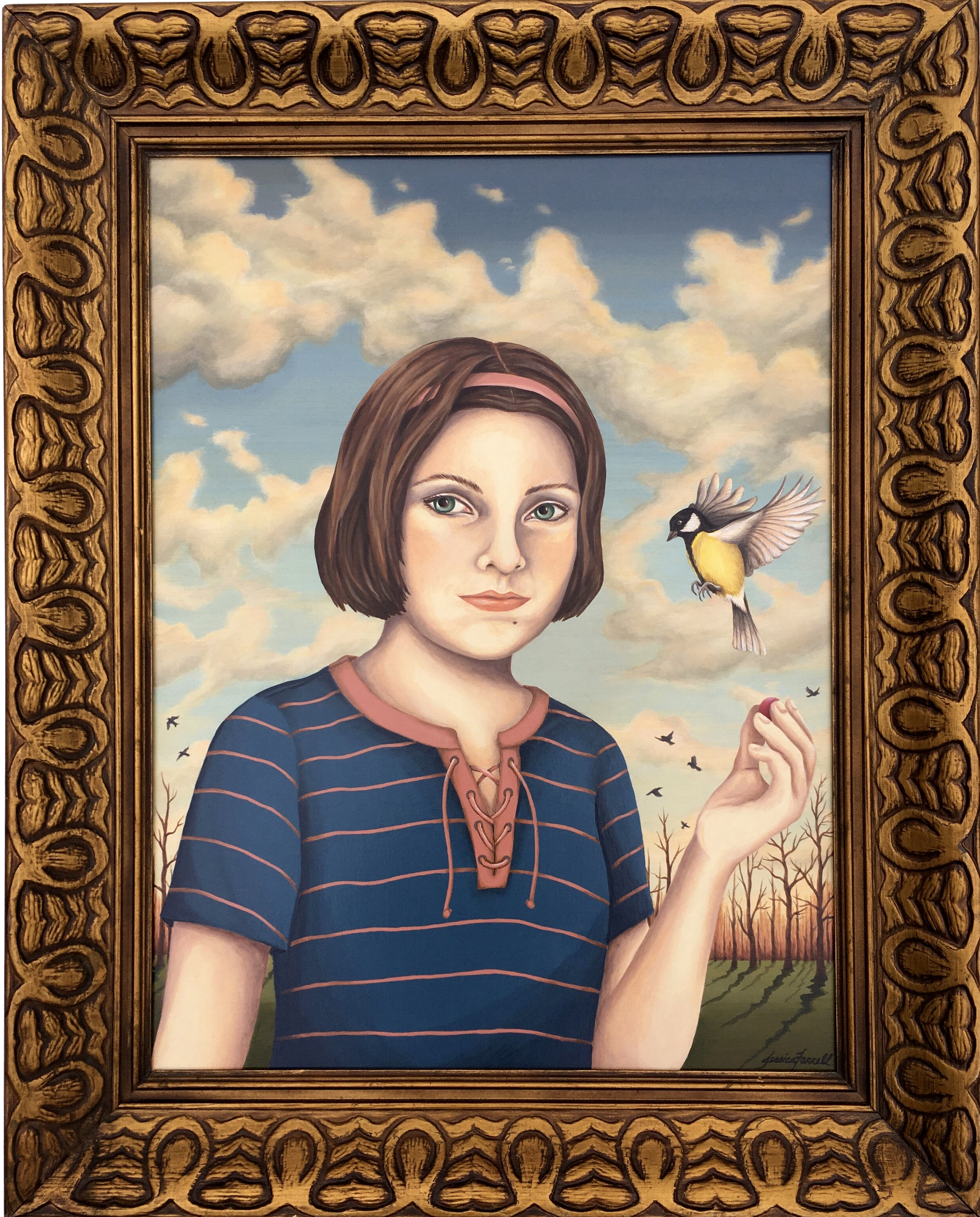   Kate &amp; Yellow Warbler , 2019  Acrylic on wood  24 x 18 inches (unframed)  30 x 24 inches (framed) 
