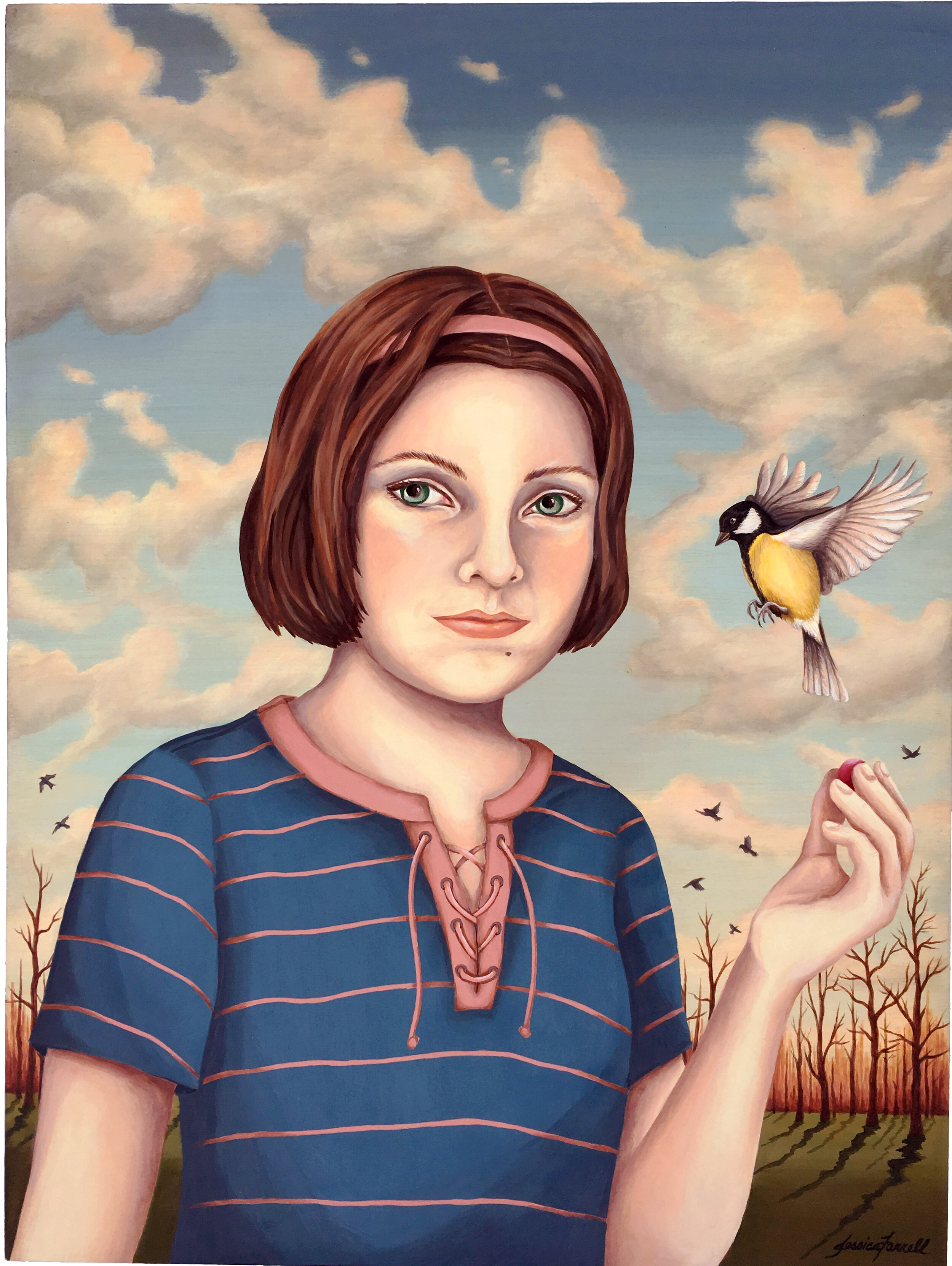   Kate &amp; Yellow Warbler , 2019  Acrylic on wood  24 x 18 inches (unframed)  30 x 24 inches (framed) 