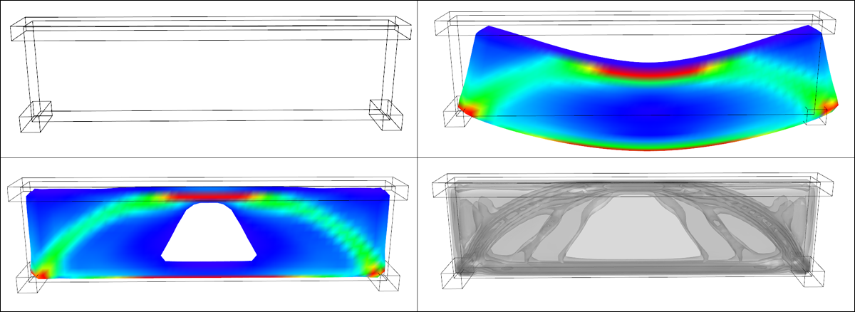 Figure 5: [top left]: Setup of boundary conditions for simple bridge [main volume + supports at the two lower corners and distributed load at the top]. [top right]: Deflected shape of solid material after load application. [bottom images]: stress distribution and topology optimization contours. Inner contours represent regions where stronger material is required.
