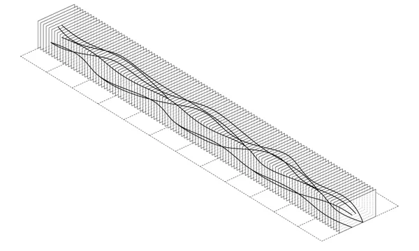 STEP 2: A set of planes are created at 10½” O.C. along the full length of the curve network. The distance between each plane, which controls the spacing between each rib, can be updated by changing a numeric slider.