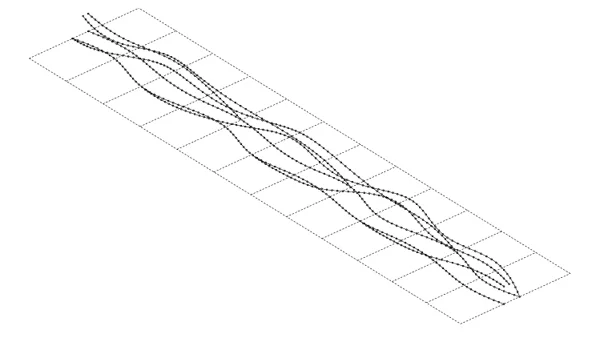 STEP 3: Because some of the interpolated lines in the curve network do not run the full length of the nave, but instead branch off of the two main lines, the topology of the curves would yeild an unloftable surface. However, the software can solve the intersection between a plane and a curve which results in a point. A line can be created between each new intersection point to form the outlines of each rib.