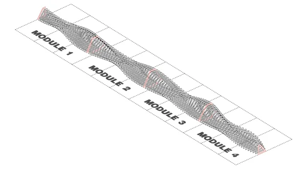 STEP 4: The outside rib curves are offset 4” to create the inside of each rib curve. The ribs are then split into four modules for easier installation.
