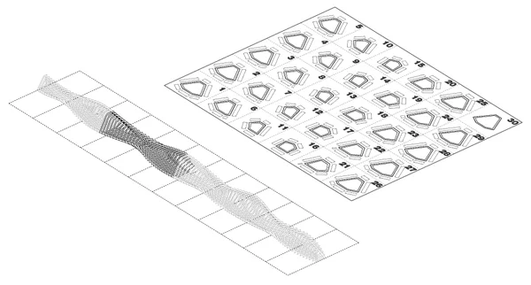 STEP 6: Once the rib curves have been flattened, the outlines can be offset and subdivided to create a series of notches in the ribs and the corresponding tabs on each side of the plexiglass panels. The software evaluates the length of each piece of plexiglass and determines the number of subdivisions on each side, so that longer panels have more tabs and thus more support than smaller pieces.