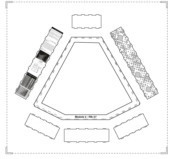 STEP 7: A detail view of a flattened rib and the corresponding pleixglass panels. The perforations that occur in some of the panels are created in Rhinoscript and are coordinated with one of the eight architectural topics represented in the exhibition.