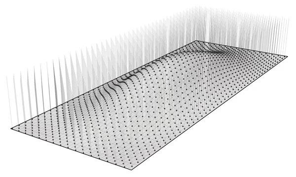 Step 4: The definition uses a surface-curve intersection event to create a new point at the location where the vertical lines created in Step 3 intersect the surface. A new line is then created from the new intersection points and the original point grid created in Step 2. Click image for more detail.