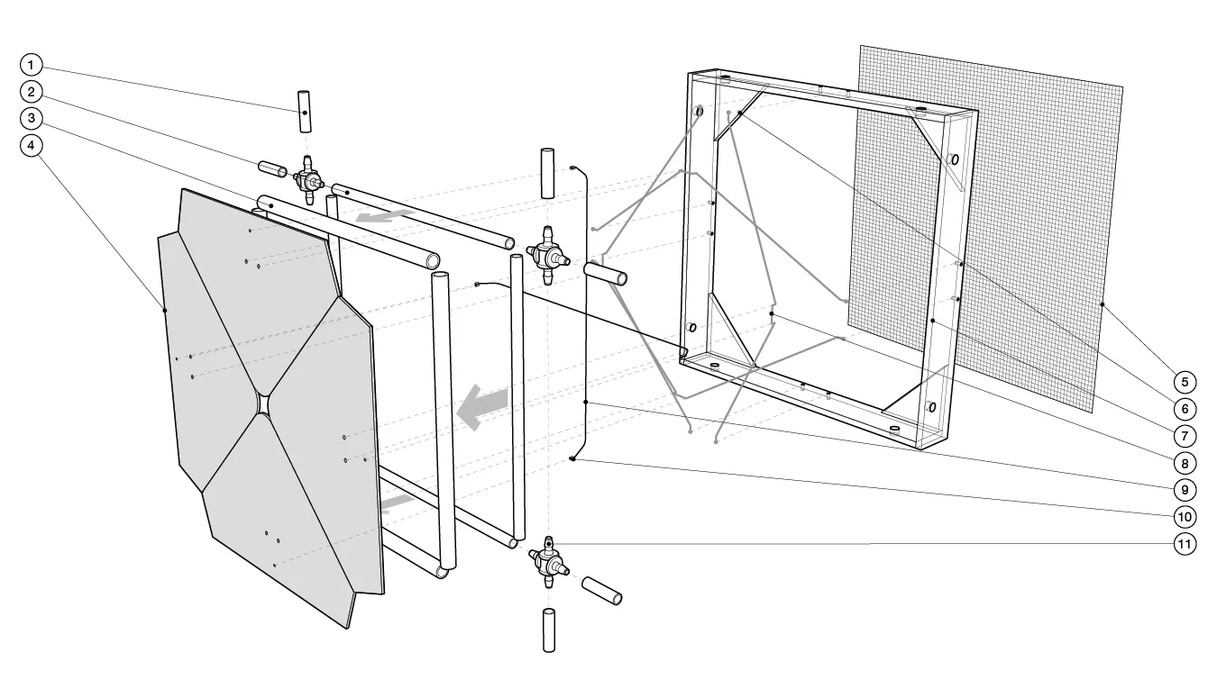 An exploded axon drawing of the four-leaf prototype. Key: 1) rigid connector tubes, 2) inner tubes, 3) outer tubes, 4) panels, 5) wire mesh screen, 6) gusset plates, 7) frame, 8) elastic cords tied between panels and outer frame, 9) Shape Memory Alloy wires, 10) barrel crimp, 11) four-way connectors.