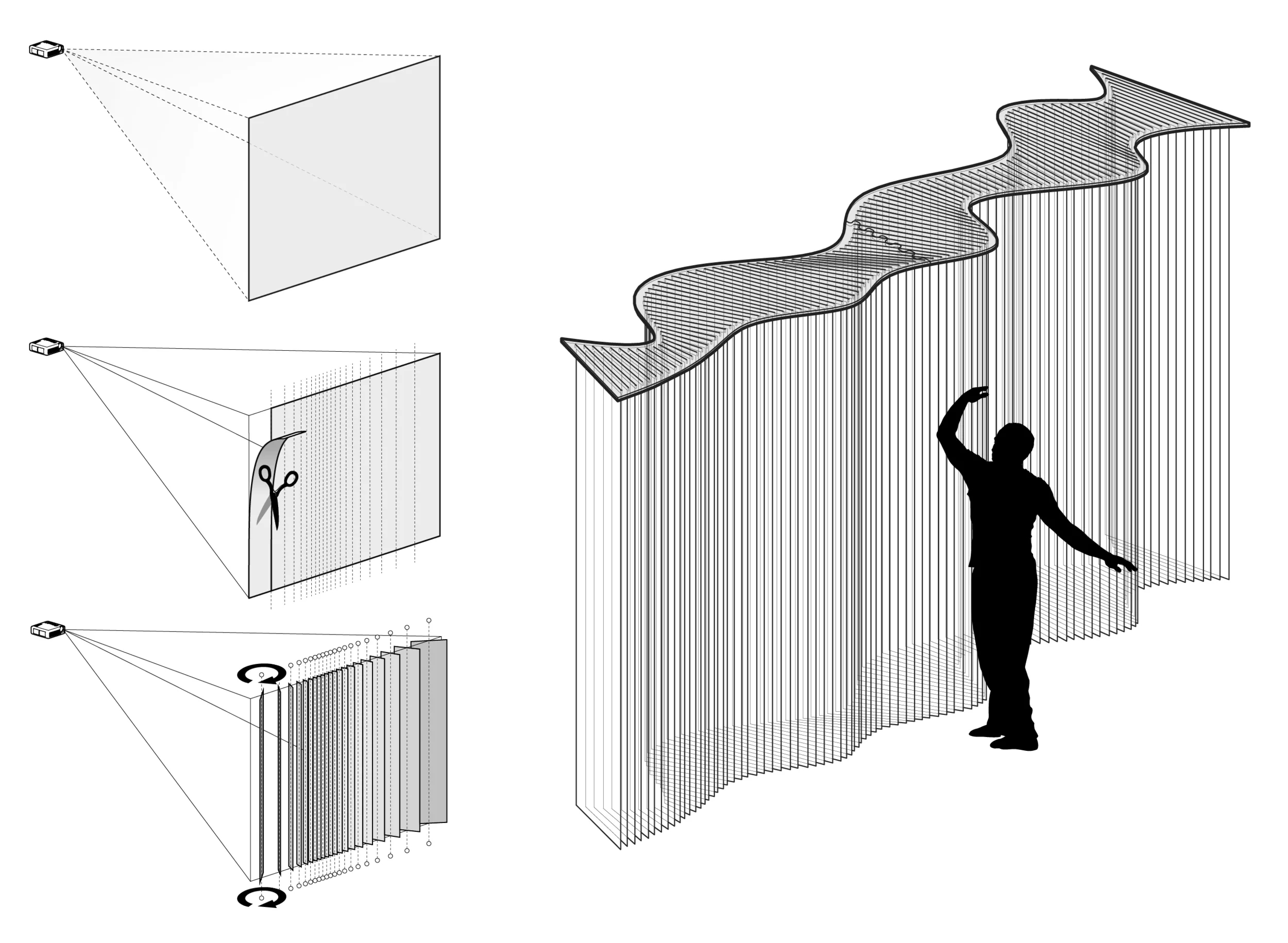 Projection One used rotated light-weight strips of fabric to create a three dimensional projection surface.