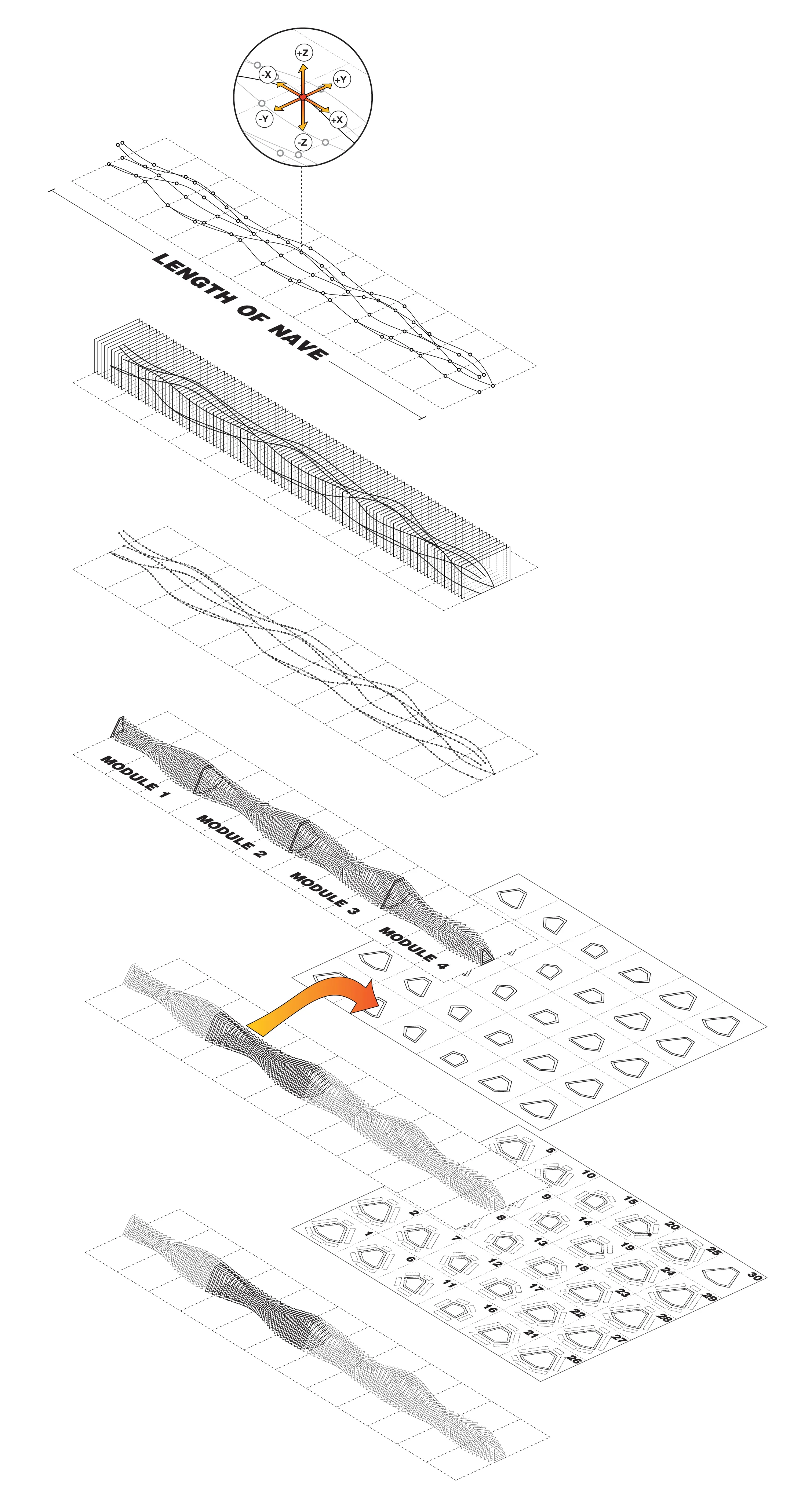 The six steps above illustrate the parametric logic behind the Grasshopper definition that was used to generate all of the vertical MDF (medium density fiber-board) ribs and horizontal HDPE (high density polyethylene) panels for the armature. Every section of the installation is unique and numbered in sequence, allowing the installation to be easily assembled or disassembled in less than 3 hours per module. 