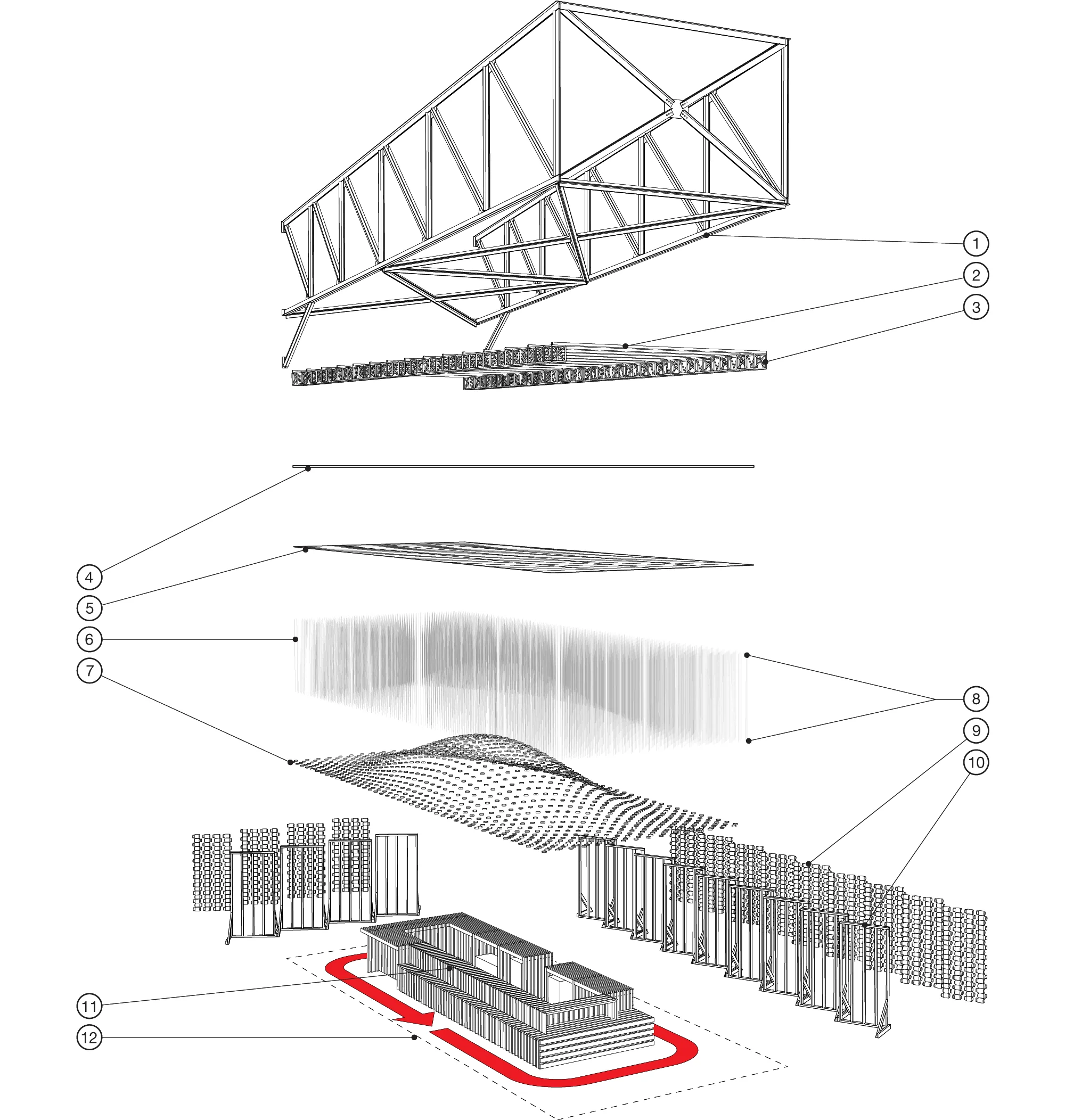 Axonometric drawing of the pavilion showing the various elements including: 1) existing truss 2) steel schedule 40 pipes at 3'-0" o.c. 3) aluminum box truss 4) 2'x4' T-bar structural ceiling 5) peg board panels 6) monofilament 7) wide-mouth lid and ring 8) velcro and earring back connection detail 9) mason jars 10) 2x4 wall module 11) pickle bar 12) limits of construction.