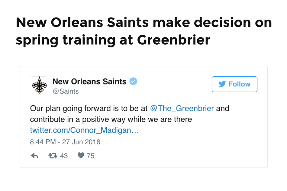 New Orleans Saints still plan to hold training camp at The Greenbrier despite flood damage ( via ) 