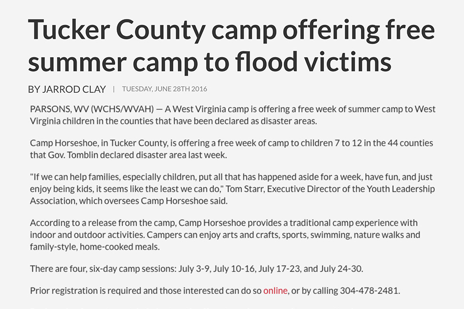  Camp Horseshoe in Tucker County is offering free summer camp to children in the 44 counties that have been declared disaster areas ( via ) 