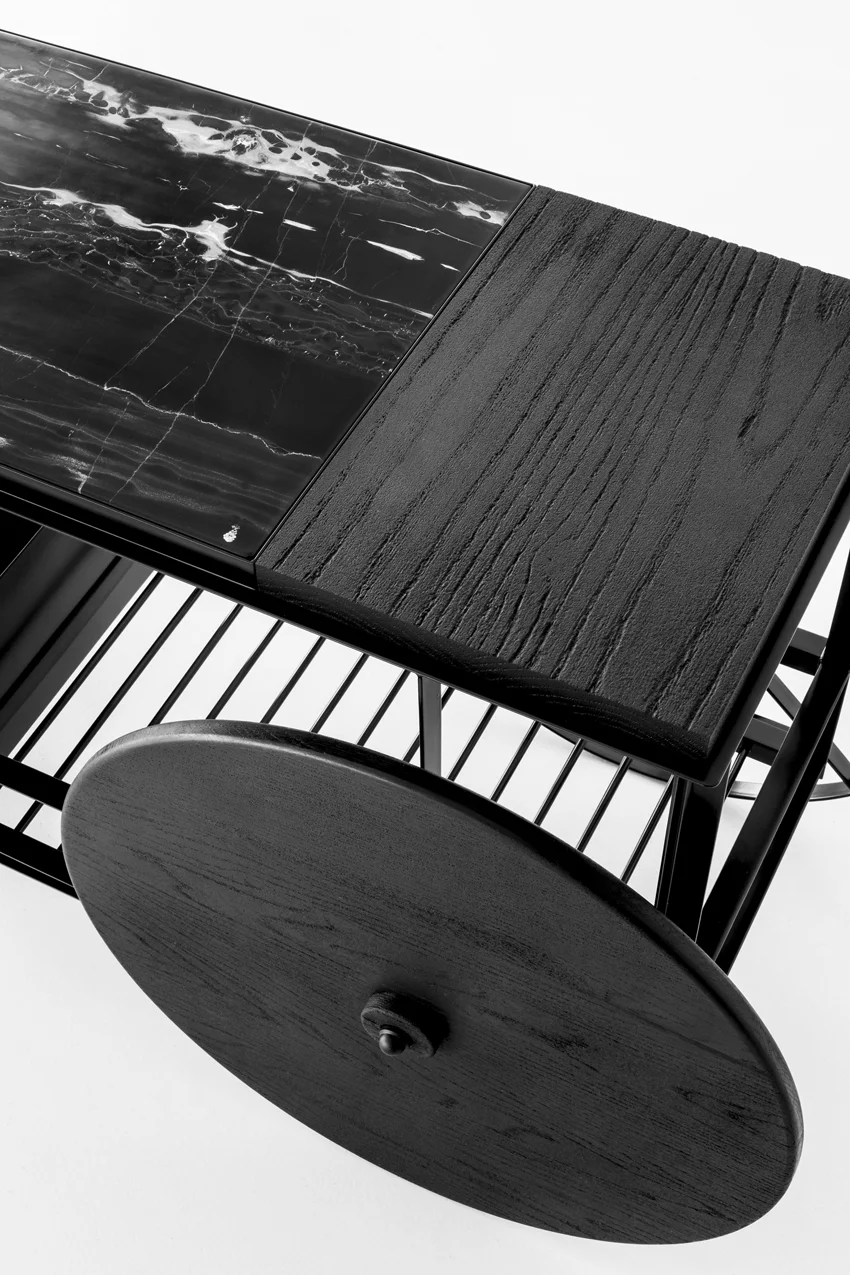 DOCO LUXE x McSORLEY'S WONDERFUL SALOON Mild Steel, Ebonised Oak & Marble L: 1085 x W: 500 x H: 665mm