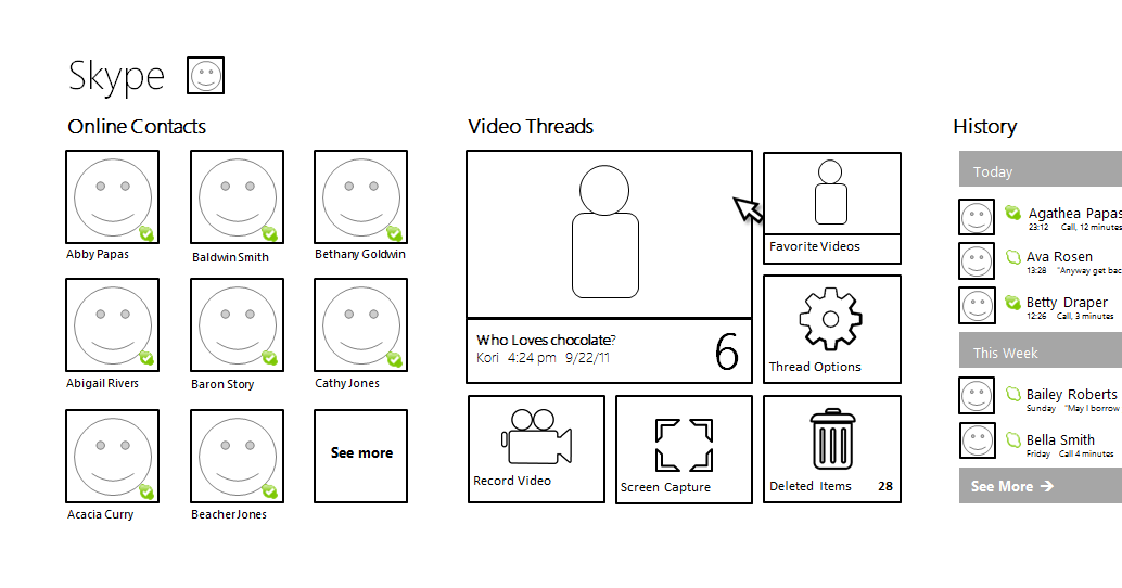 Wirefames: Homepage with Video Threads hub.