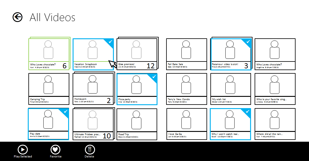 Wireframes: All videos section. Most recent Video Threads at top left, unseen treads highlighted. App bar exposes tools.