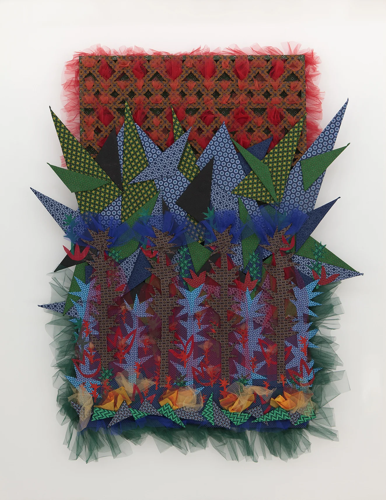 The Promised Land (from Africadia Series) I. Isishweshwe (Three Cat Cotton) collage, tulle, pine ply and pine. 230 x 170 cm.jpg