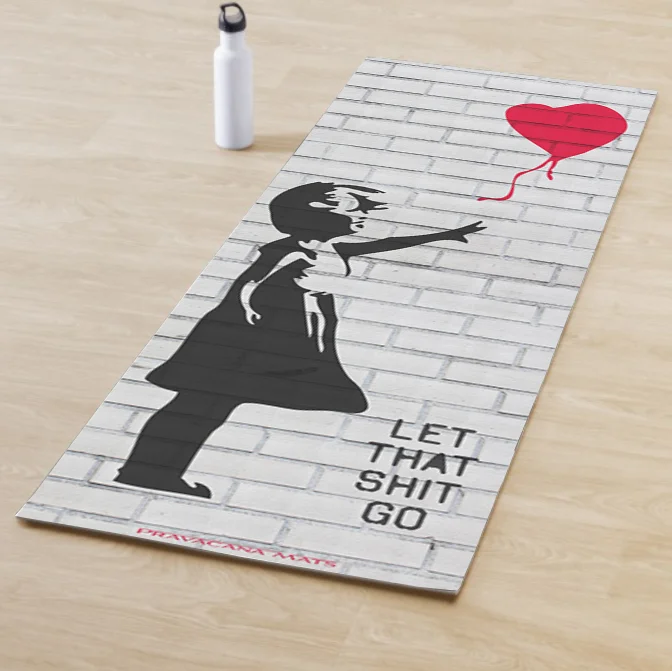 black printed girl red balloon heart design yoga mat
