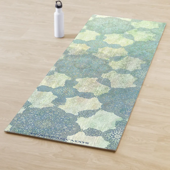 blue transcendental tattings overlay distressed pattern background design yoga mat