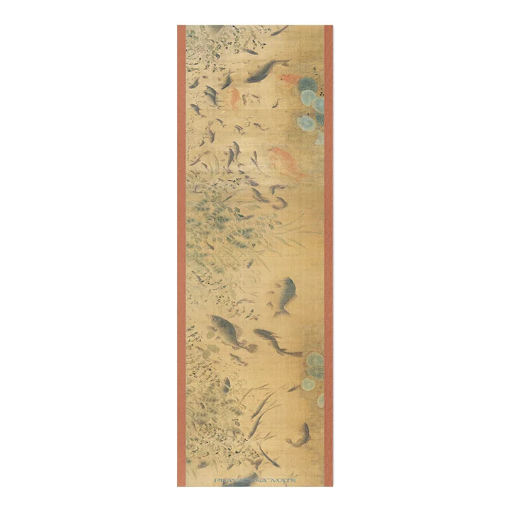 brown background fish pose chinese style inpired blue lotus flowers koi fish printed yoga mat