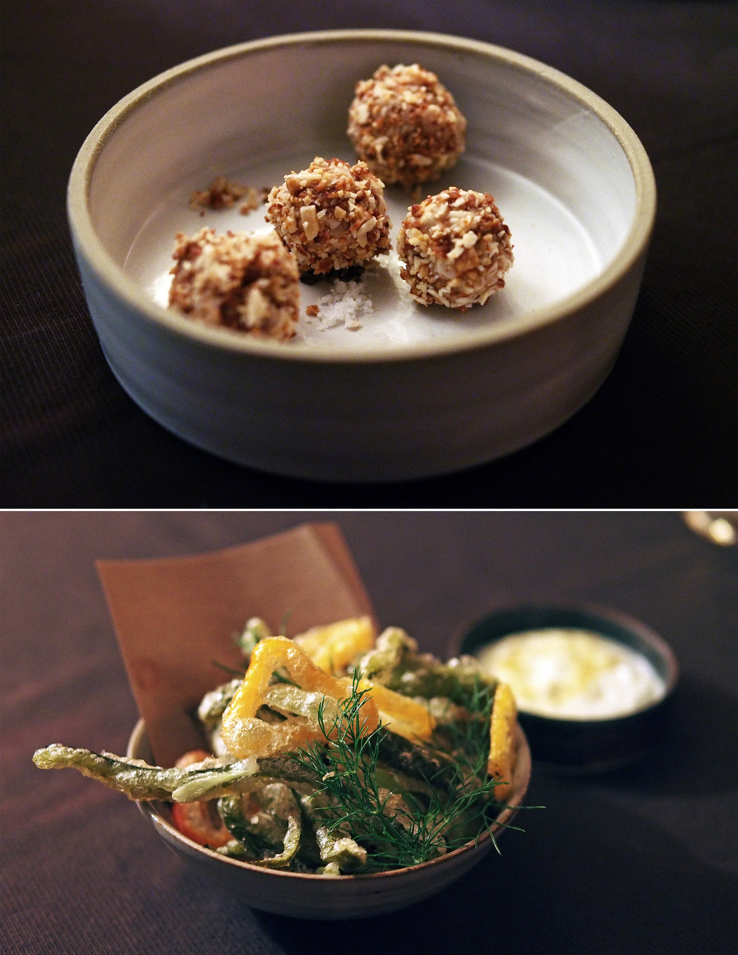 Top: Foie Gras Bonbons Bottom: Fried Pickles with peppers and yogurt