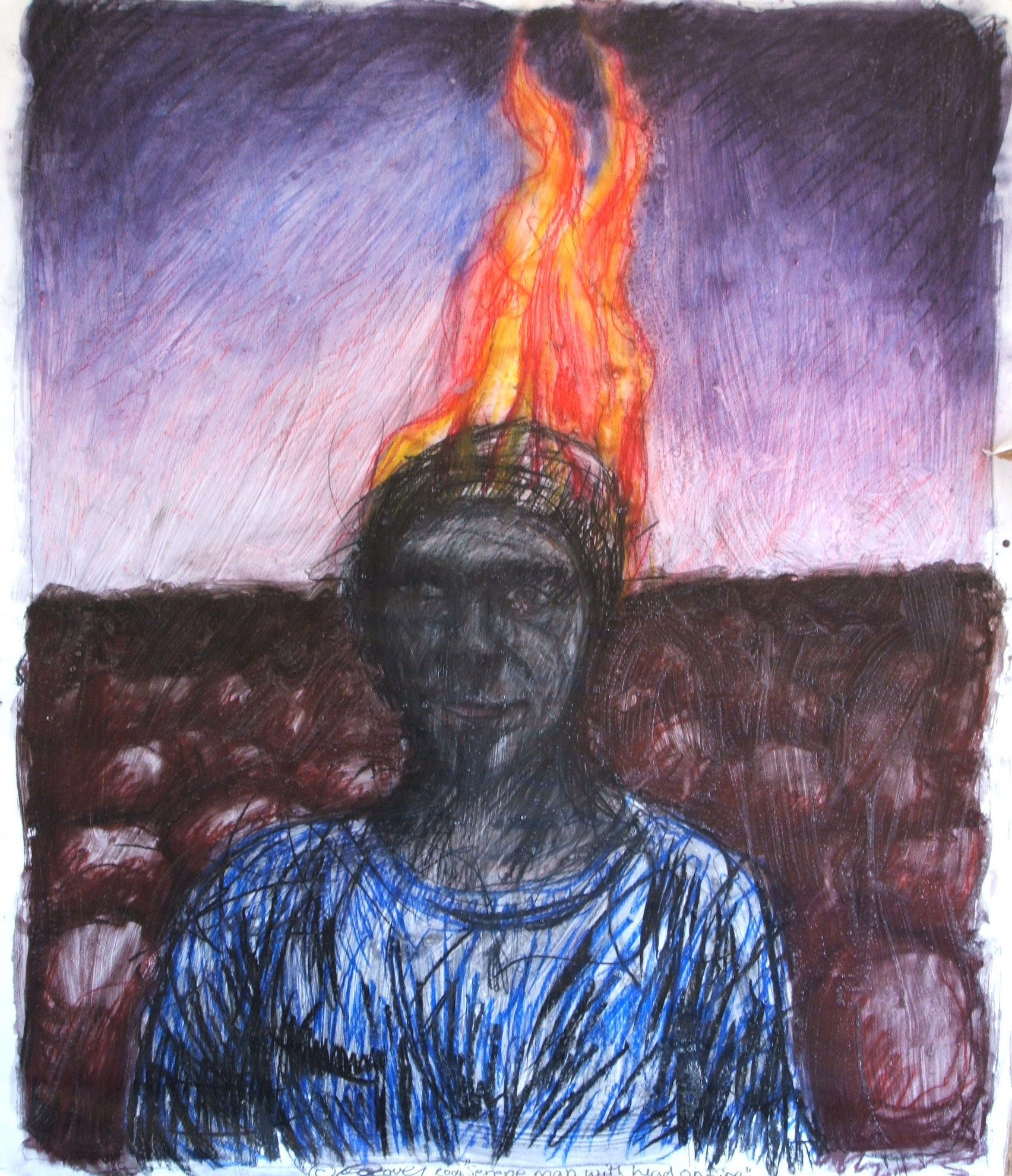 Serene man with head on fire (mixed media)1500x1000mm 2002