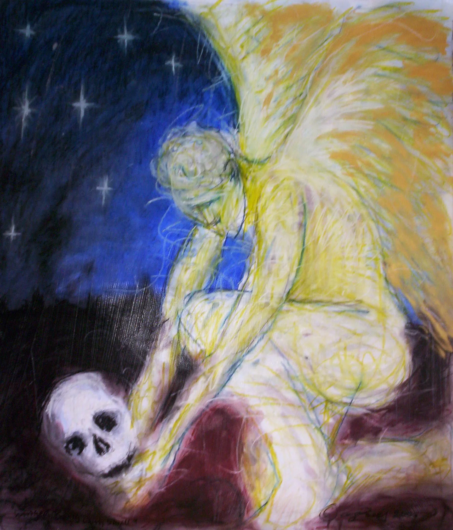 Winged being with human skull (pastel on paper) 2003