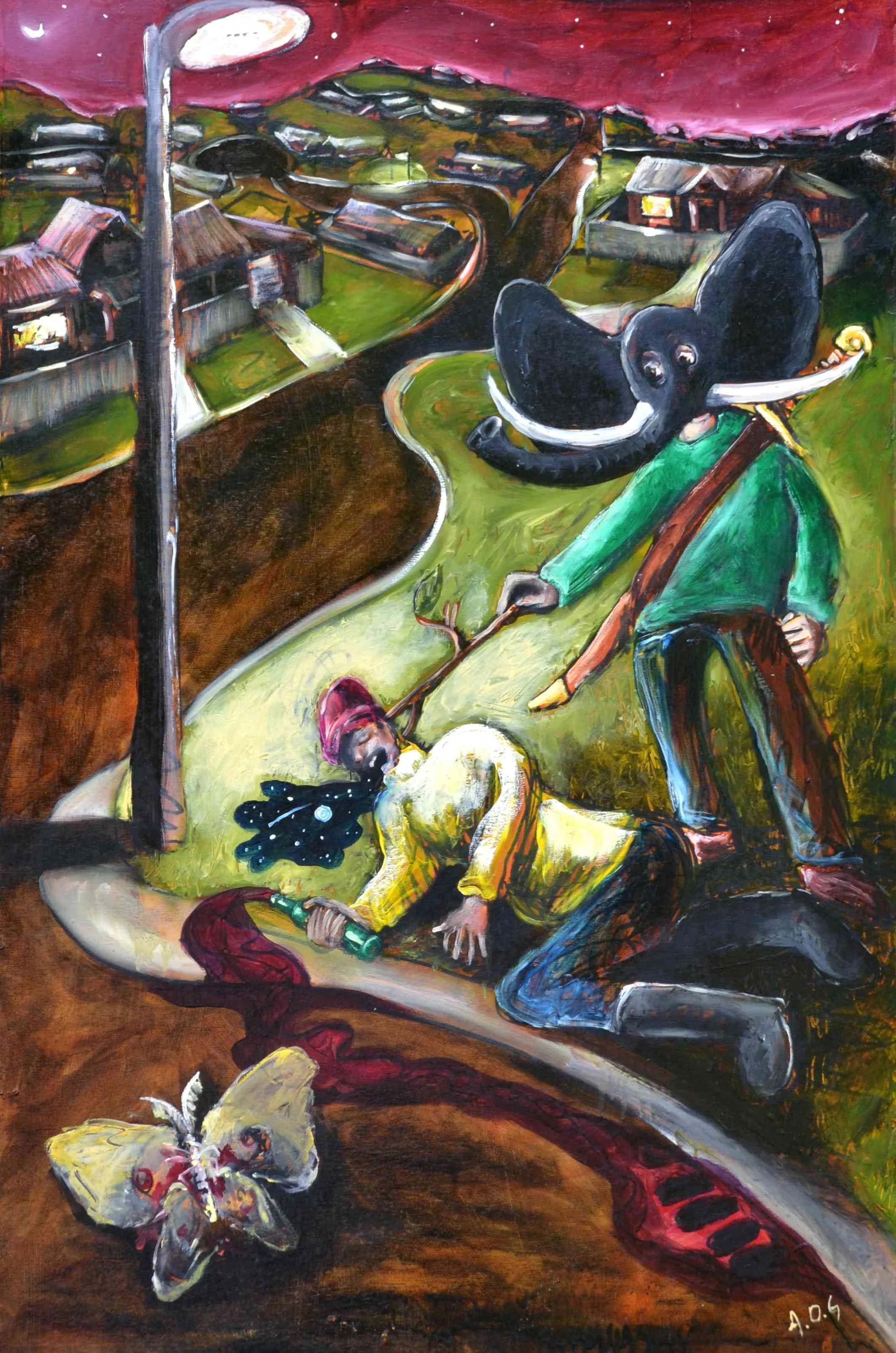 Drunken Mendicant drowning in Culdesac land (oil on MDF) 900x600mm 2012