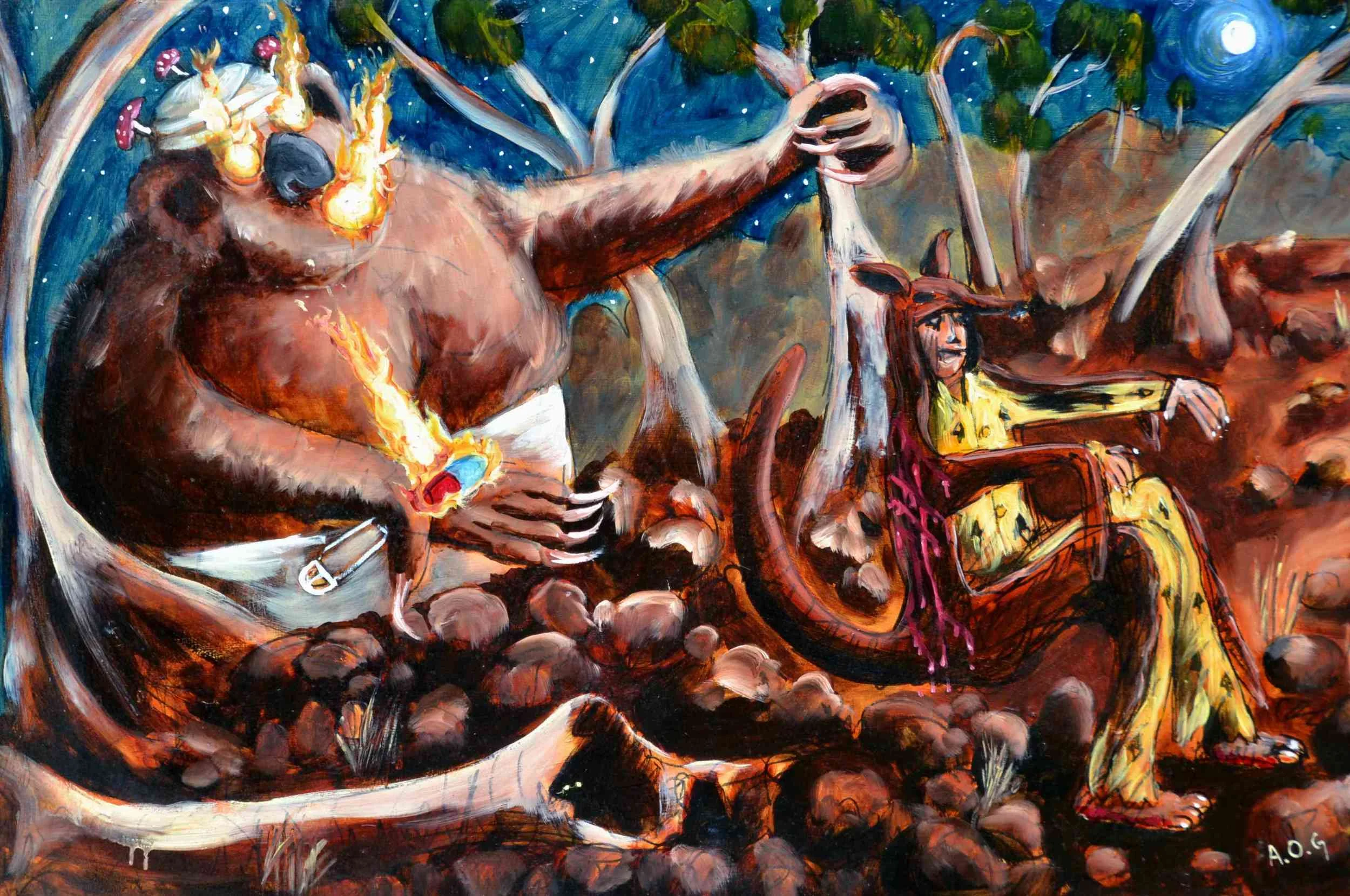 Kangaroo Skin Man fleeing tyrrany (oil on MDF) 900x600mm 2010