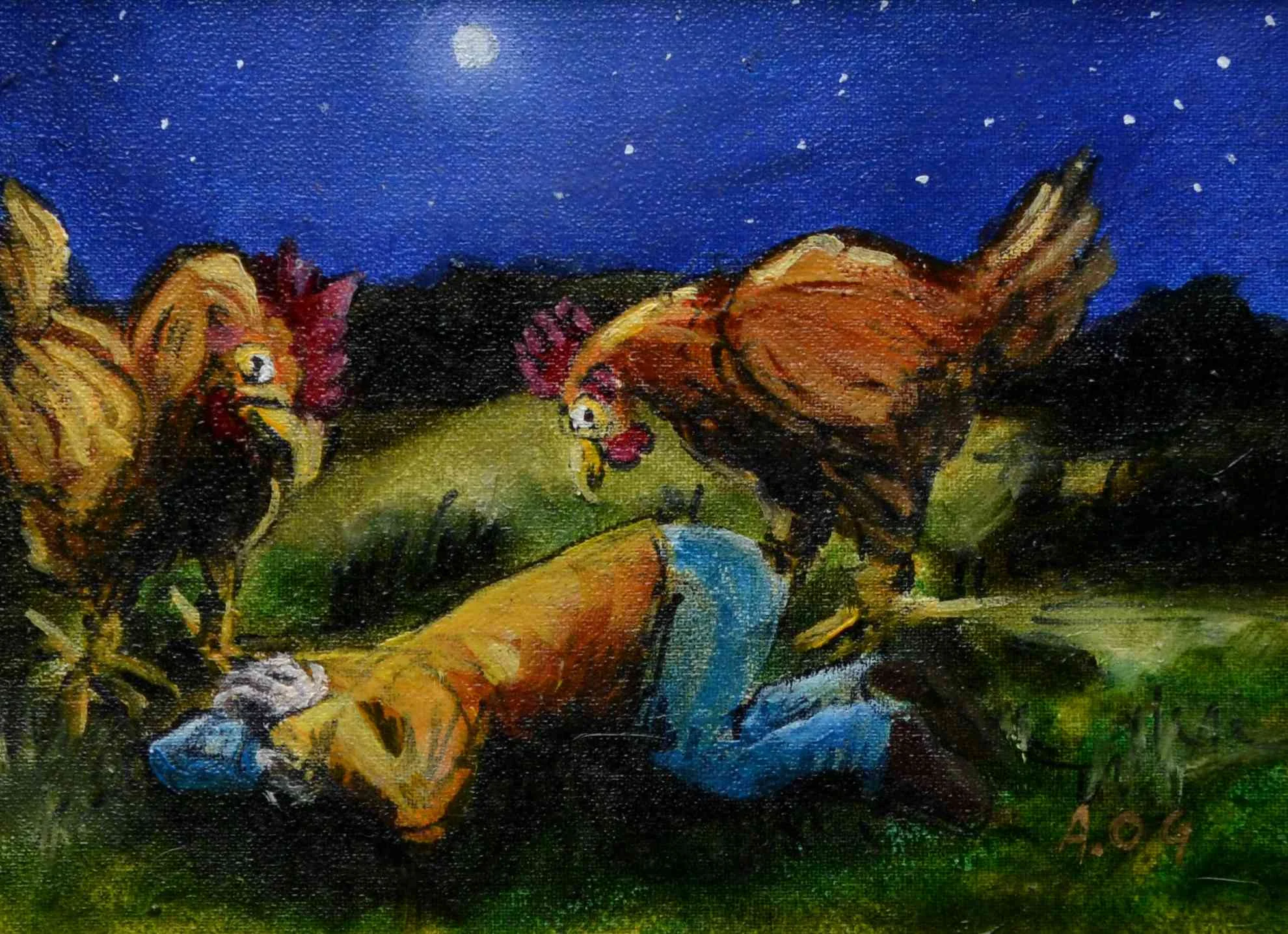 Man being pecked to death by giant chooks