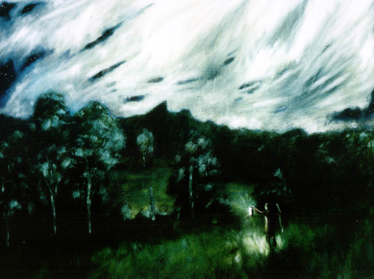 Palm Tree nocturne, figure with lamp (oil on ply) 2001