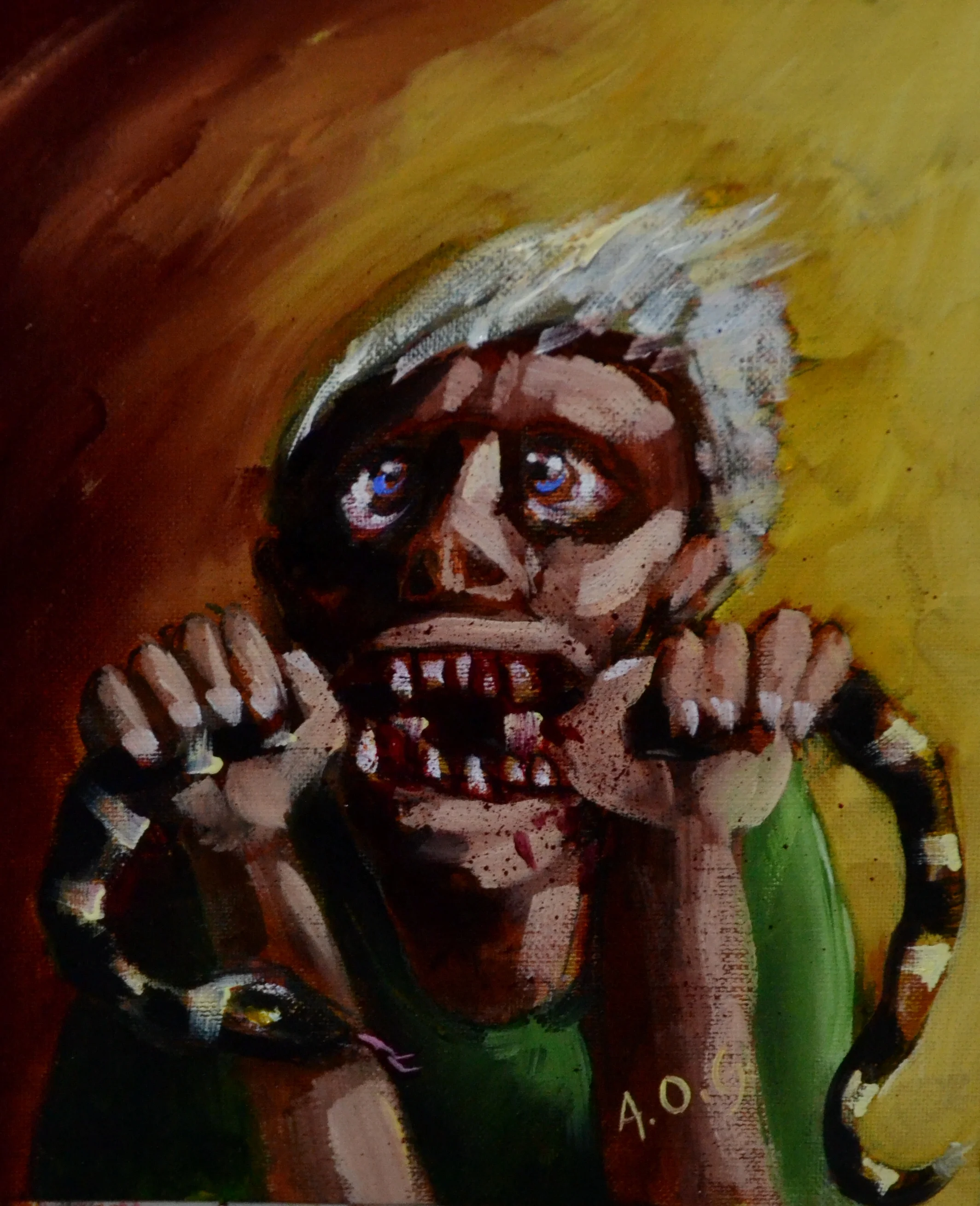 Man devouring snake (oil on canvas board)250x200mm 2015
