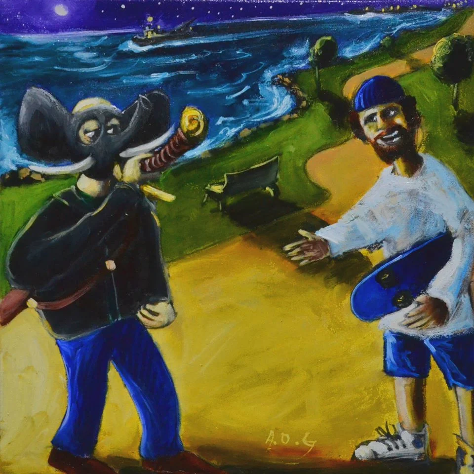 "Rogue Male meets Jesus in Newcastle" 500x500mm (oil on canvas) 2016