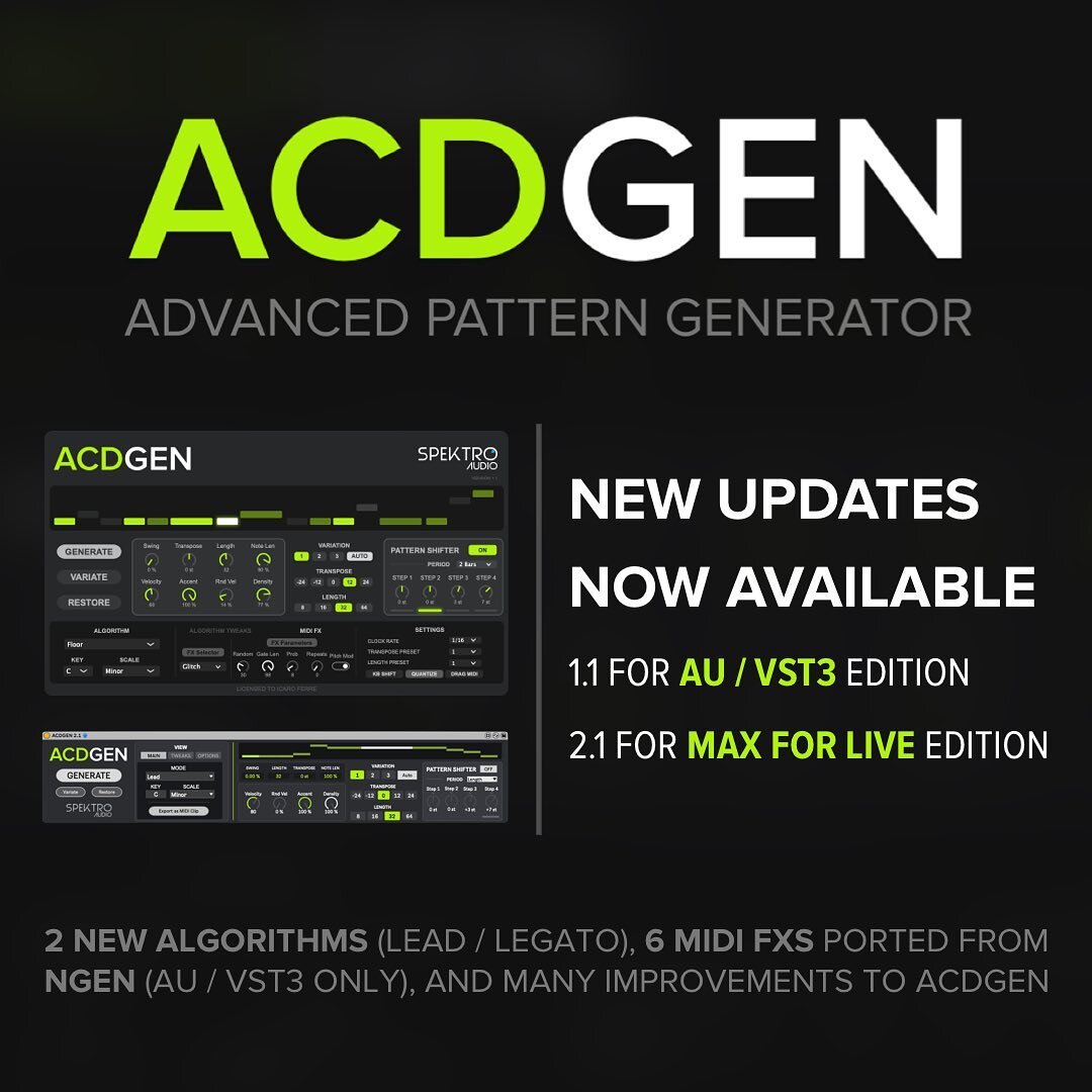 The new updates for ACDGEN &ndash; Max for Live and AU / VST3 Editions are now available!⁣⁣⁣⁣⁣⁣
⁣⁣⁣⁣⁣⁣
These new updates include 2 new algorithms (Lead and Legato), 6 MIDI FXs ported from NGEN (AU/VST3 only), and many other improvements.⁣⁣⁣⁣⁣⁣
⁣⁣⁣⁣⁣⁣